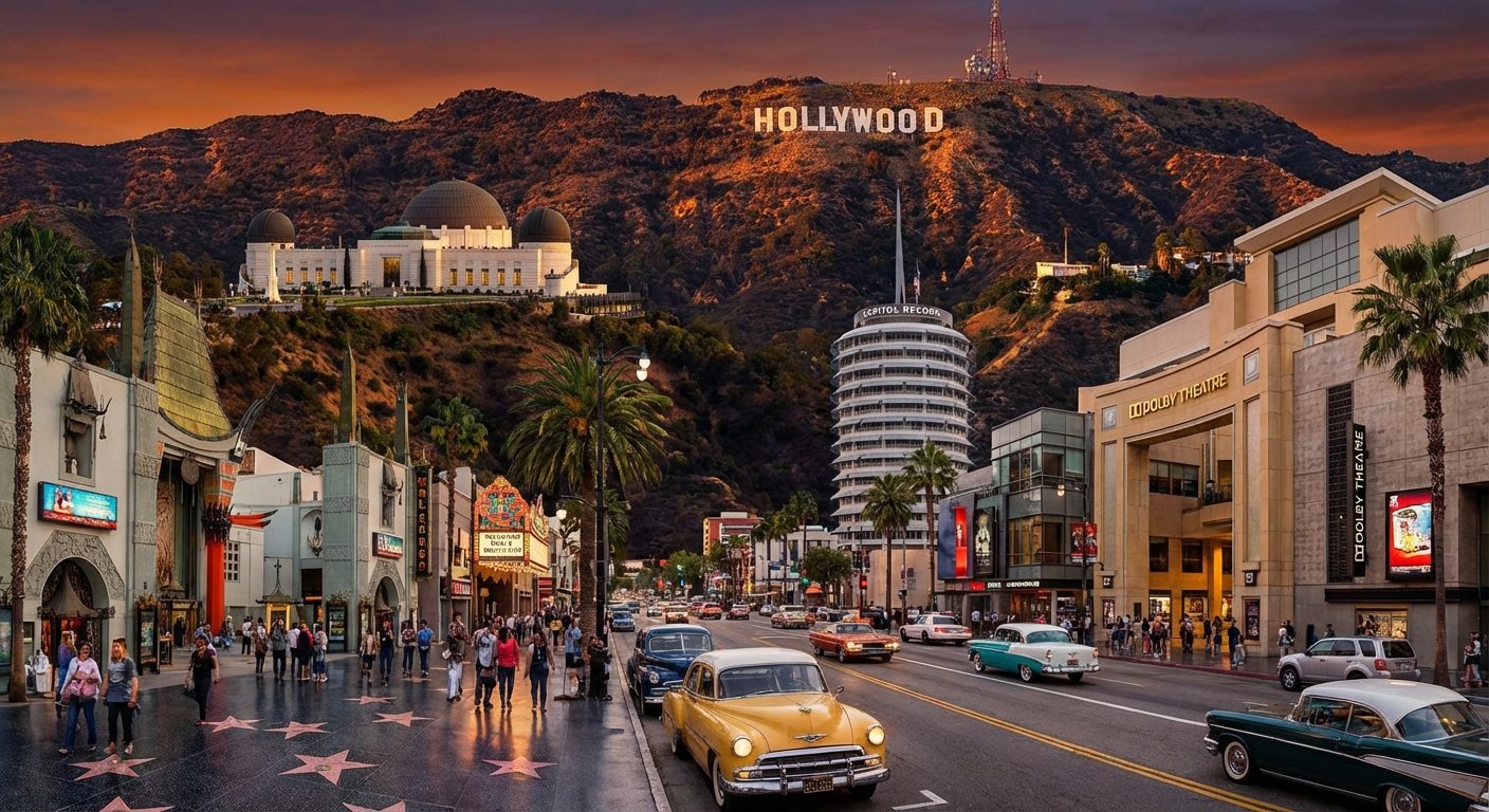 Hollywood ikonikus látképe a Griffith Obszervatóriummal és a Hollywood felirattal