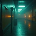 Hosszú, sötét folyosó neon világítással egy film jelenetében
