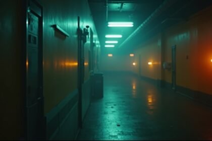 Hosszú, sötét folyosó neon világítással egy film jelenetében