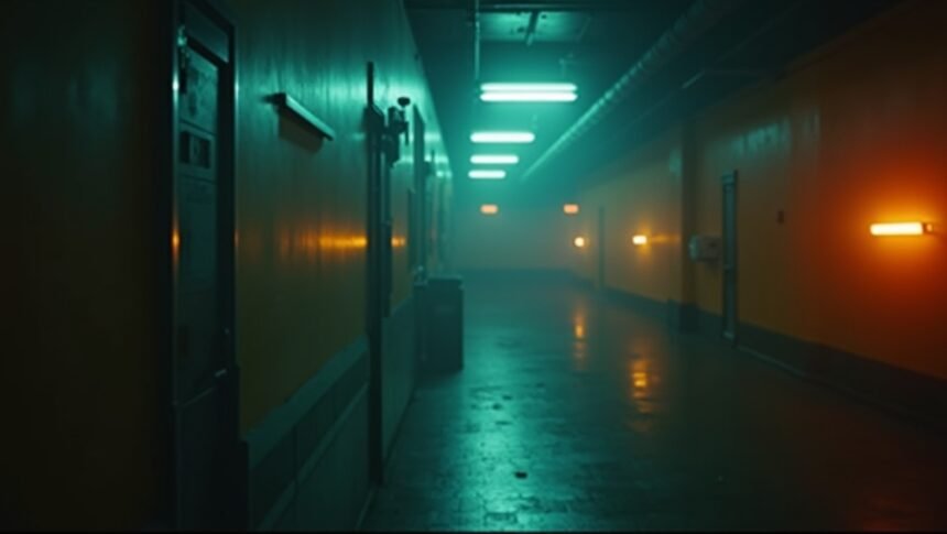 Hosszú, sötét folyosó neon világítással egy film jelenetében