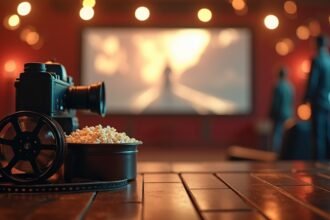 Film kamera és popcorn egy mozi környezetben.