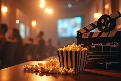 Popcorn és filmes klap szett egy mozi környezetben.