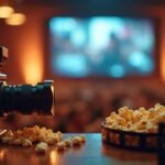 Kamera és popcorn a mozi előtt, a háttérben film vetítése