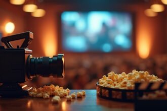 Kamera és popcorn a mozi előtt, a háttérben film vetítése