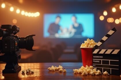 Filmekhez készült kamera és popcorn a filmes hangulatban.