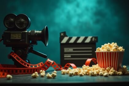 Retro filmkamera, filmes klapper és popcorn egyedi kompozícióban.