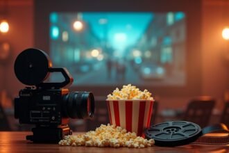 Filmstúdió felszerelés, pattogatott kukorica és vetítővászon