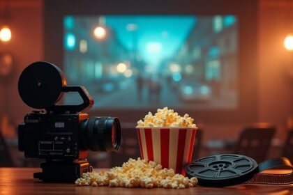 Filmstúdió felszerelés, pattogatott kukorica és vetítővászon