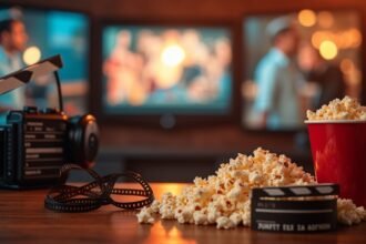 Popcorn, kamera és filmes eszközök filmes estén.