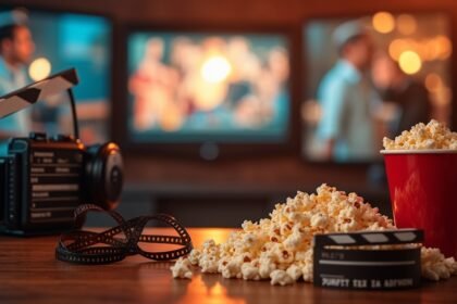 Popcorn, kamera és filmes eszközök filmes estén.