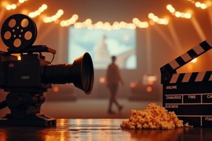 Kamera és filmes kellékek, popcornnal egy filmes környezetben.