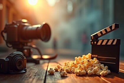 Filmes eszközök, fényképezőgép és popcorn készülék mellett.