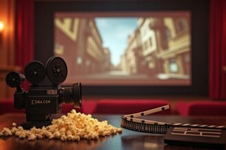 Régi filmkamera popcornnal és filmes kellékekkel.