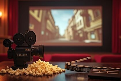 Régi filmkamera popcornnal és filmes kellékekkel.