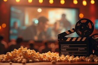 Vászon előtti filmes kellék és pattogatott kukorica