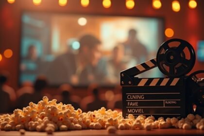 Vászon előtti filmes kellék és pattogatott kukorica