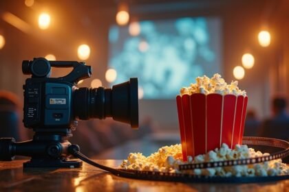 Kamera és popcorn a film vetítéshez