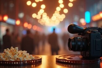 Popcorn and film camera at a vibrant film festival setting
