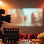 Filmkamera és népszerű popcorn egy mozi környezetben.