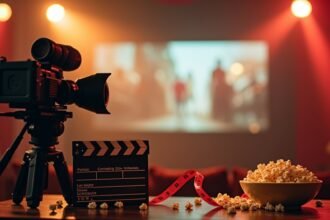 Filmkamera és népszerű popcorn egy mozi környezetben.