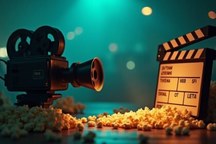 Régi filmes kamera és filmes klappal, popcornnal