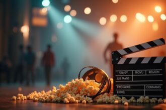 Filmes klapp és pattogatott kukorica egy mozi stúdióban