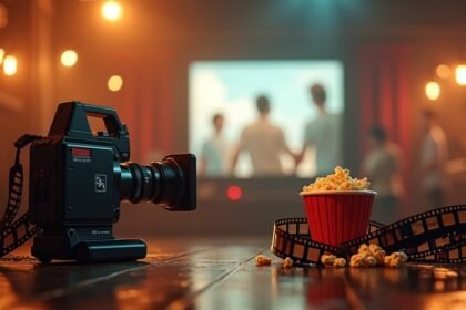 Film fényképezőgép és pattogatott kukorica a vászon előtt