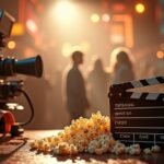 Filmkészítési kellékek, például kamera és klapka popcornnal.