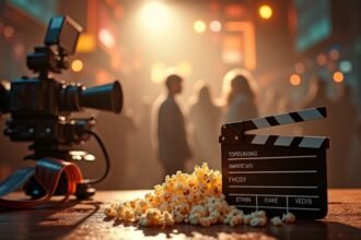 Filmkészítési kellékek, például kamera és klapka popcornnal.