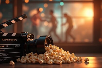 Filmklap és pattogatott kukorica egy mozi háttérrel.