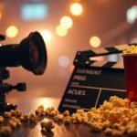 Játékfilm forgatás, kamera, popcorn, filmes táblával.