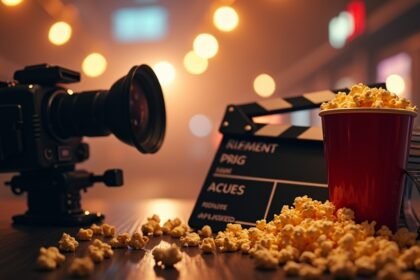 Játékfilm forgatás, kamera, popcorn, filmes táblával.