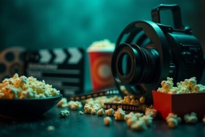 Filmeszközök popcornnal és filmes szalagokkal