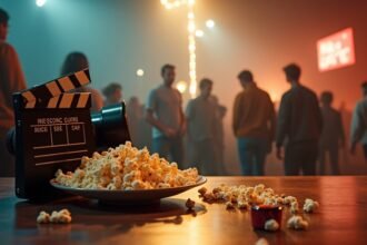 Popcorn and film camera at a cinematic event atmosphere.