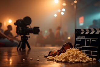 Film készítő eszközök, popcorngyűjtemény és nézők háttérben