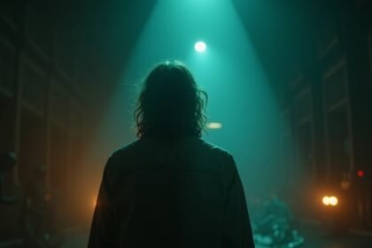 Sötét színpad fényben álló figura háttal.