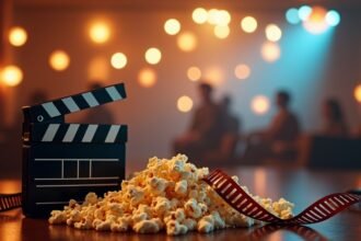 Filmpiknik: Klasszikus filmes kellékek popcornnal és filmes szalagon