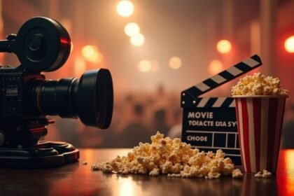 Régi filmes kamera, popcorn, és filmes klappal egy moziban