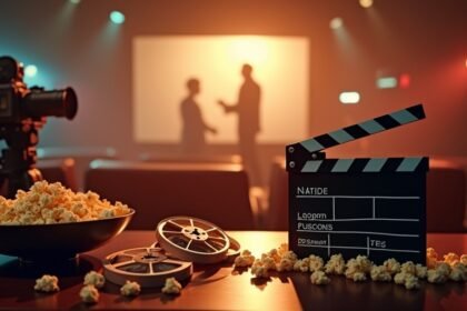 Filmkészítés és popcorn, háttérben mozi jelenet