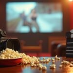 Filmkamera, pattogatott kukorica és filmes klapper a vetítőteremben