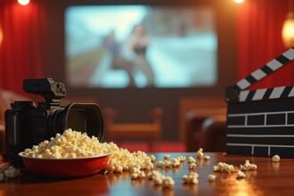 Filmkamera, pattogatott kukorica és filmes klapper a vetítőteremben