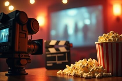 Filmkészítés és popcorn egy mozi környezetében.