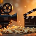 Filmes kellékek: régi kamera és filmes klappal popcornt mellett