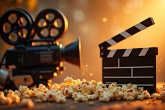 Filmes kellékek: régi kamera és filmes klappal popcornt mellett