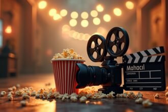 Film kamera és pattogatott kukorica egy hangulatos környezetben