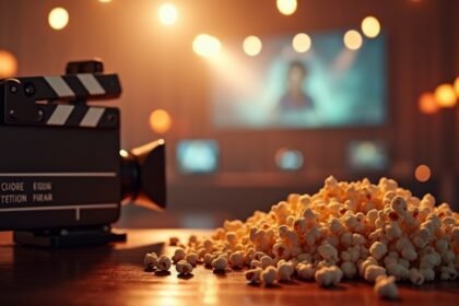 Filmes kellékek, popcornnal és filmes kamerával egy hangulatos helyszínen.