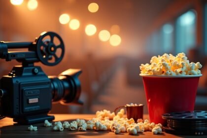 Popcorn and film camera in a cinematic setting