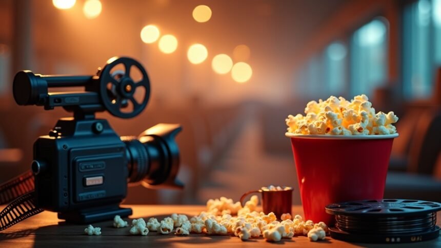 Popcorn and film camera in a cinematic setting