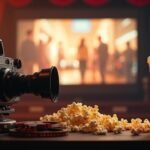 Fekete háttér előtt egy kamera és popcorn, filmvászon mögött.