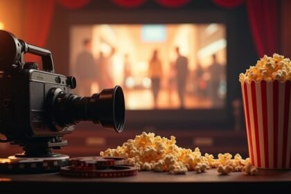 Fekete háttér előtt egy kamera és popcorn, filmvászon mögött.